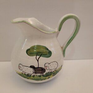 Vintage Italian Art Pottery Pitcher With Sheep & Tree Design